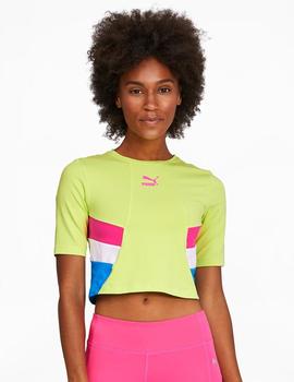 CAMISETA PUMA MUJER, AJUSTADA, CORTA, VERDE FLUOR