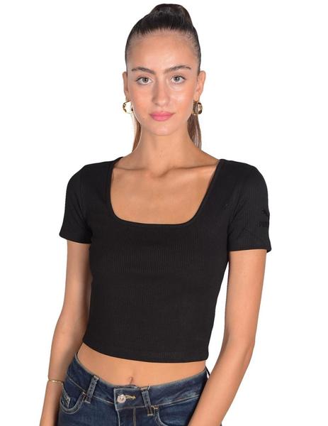 CAMISETA PUMA MANGA CORTO NEGRA PARA MUJER, CUELLO U