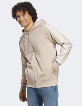 sudadera adidas con capucha abierta beige, bandas blancas