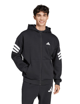 sudadera hombre  abierta con capucha adidas, tres bandas, negro/blanco