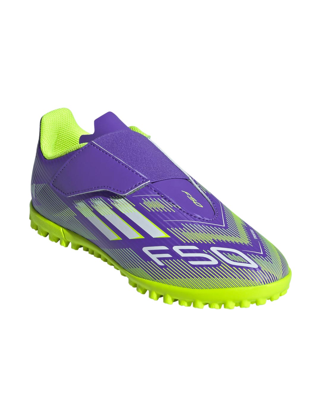 bota de fútbol turf con velcro adidas F50 LEAGUE   Jr. morado/verde