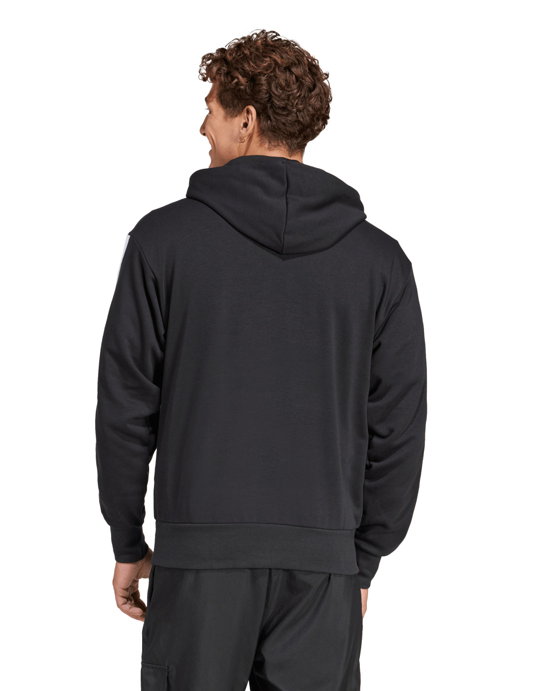 sudadera adidas hombre capucha negra banda blancas