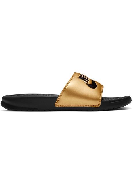 Telégrafo mercenario níquel CHANCLA NIKE BENASSI MUJER, NEGRO/ORO, LINEA JUST DO IT